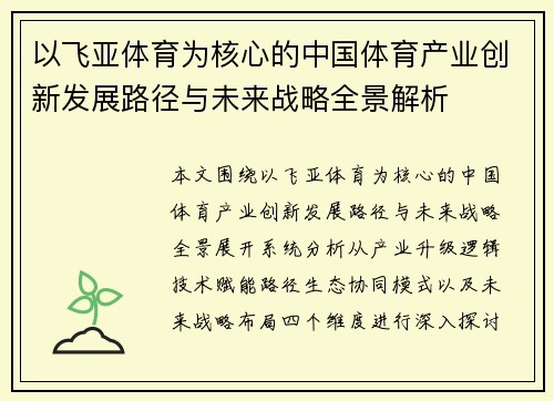 以飞亚体育为核心的中国体育产业创新发展路径与未来战略全景解析